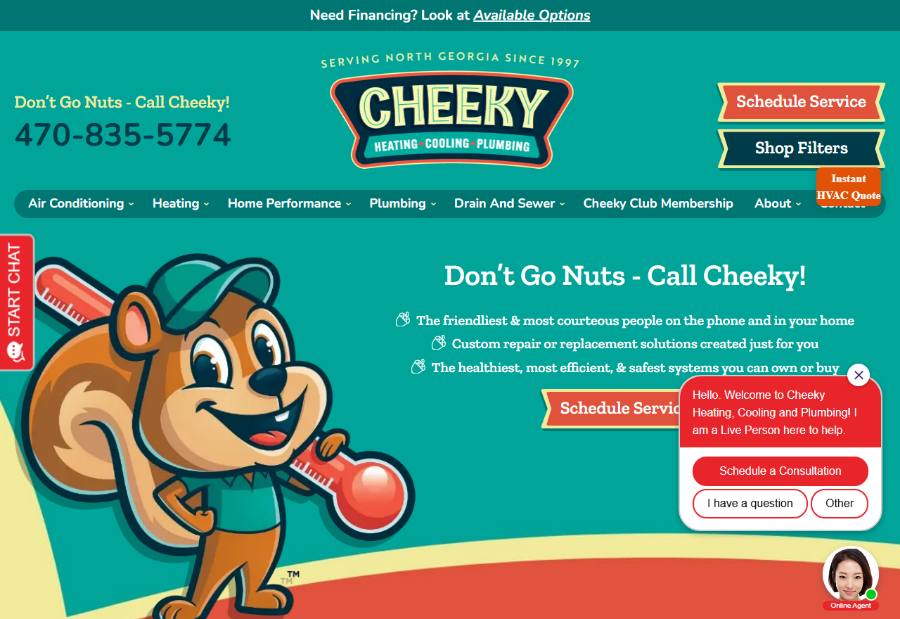 Cheeky Heating, Cooling & Plumbing's old website — a busy, cartoonish page cluttered with buttons and a chat pop-up.