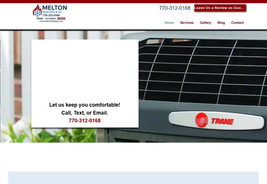 Melton Heating & AC's old website — an outdated single-banner page with a floating contact box.