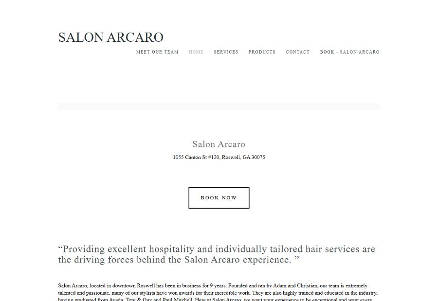 Salon Arcaro's old website — a sparse white template with a small logo and lots of empty space.