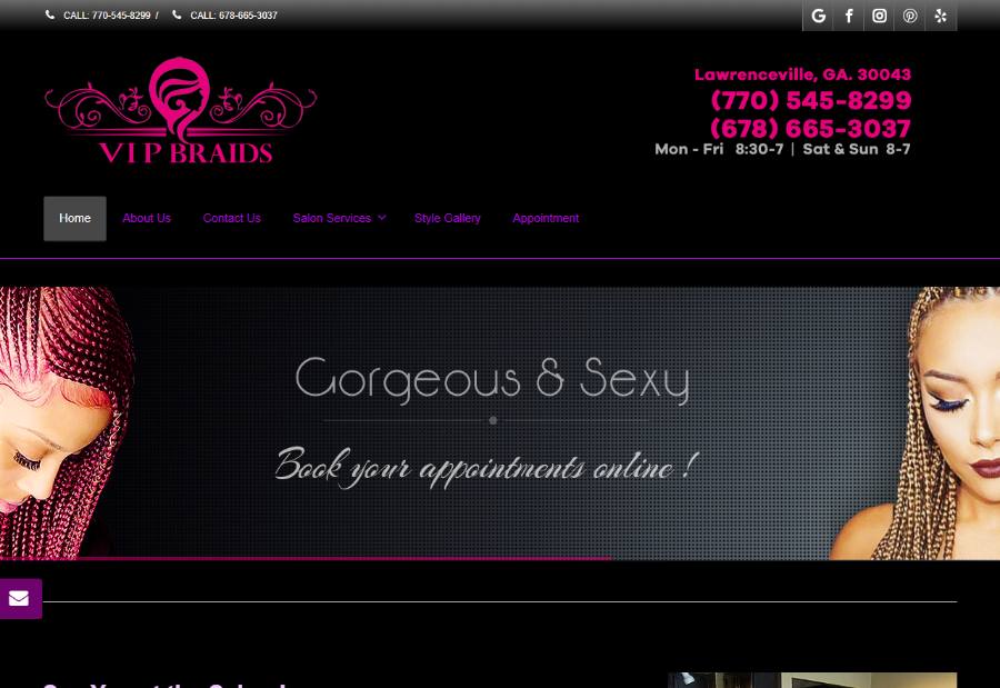 VIP Braids' old website — a dated dark template with cramped navigation and a generic stock-photo banner.